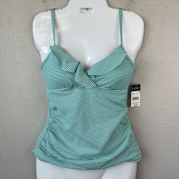 NWT Lauren Ralph Lauren Blue and White Striped Tankini Top Sizes 6, 10 or 14 - Picture 1 of 4